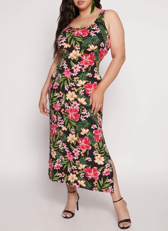 budget maxi dresses for summer -Plus Size Tropical Print Tank Dress