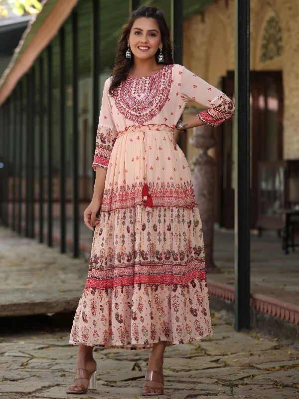 maxi dresses with bold designs -Juniper  Peach Ethnic Motif Printed Georgette Tiered Maxi Dress With Thread Embroidery