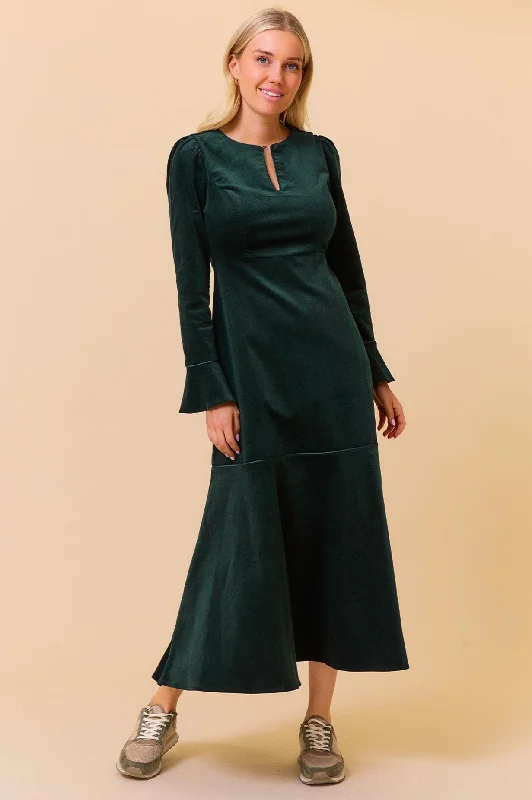 red maxi dresses for women -Paloma Round Neck Long Sleeve Stretch Corduroy Dress | Bottle Green