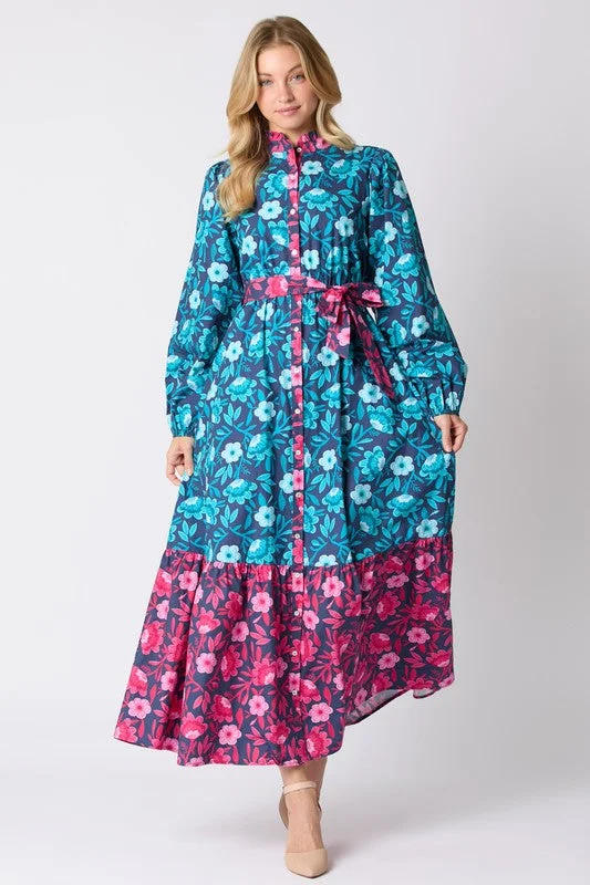 maxi dresses with chic sleeves -Floral Printed Mixed Tie Waist Maxi Dress