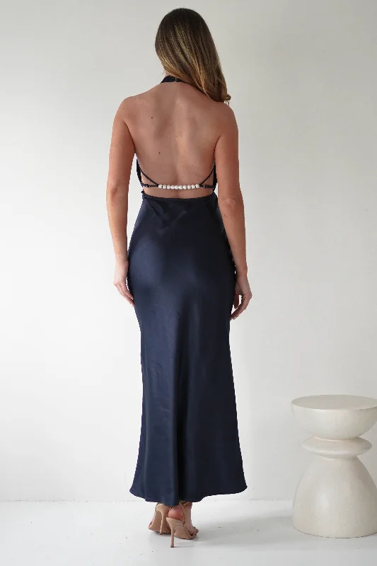 white maxi dresses for club -Capriana Pearl Back Maxi Dress | Navy