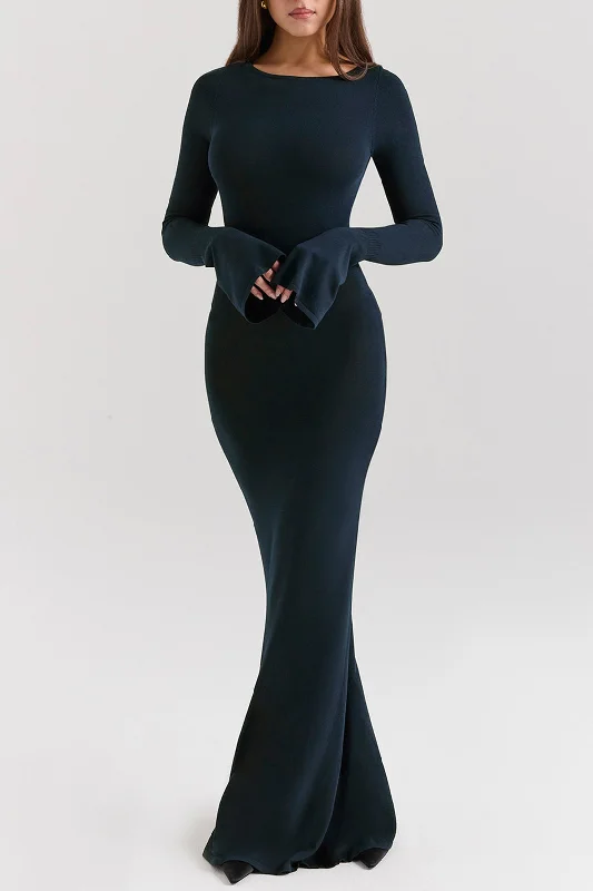 black maxi dresses for teens -Bell Sleeve Backless Long Sleeve Maxi Dress