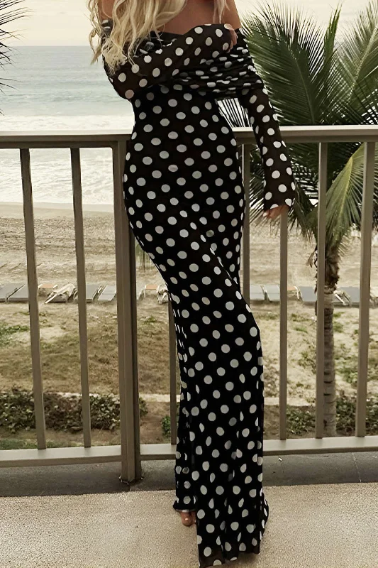 casual maxi dresses for spring -Polka Dot Print Off Shoulder Maxi Dress