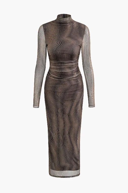 cute maxi dresses for nights -Wave Mock Neck Mesh Long Sleeve Maxi Dress