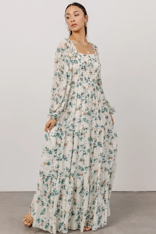 boho maxi dresses for women -Isabela Smocked Maxi Dress | Ivory + Topaz Floral