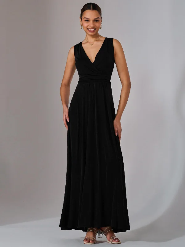 maxi dresses with chic trim -Ella Wrap Bodice Jersey Maxi Dress, Black