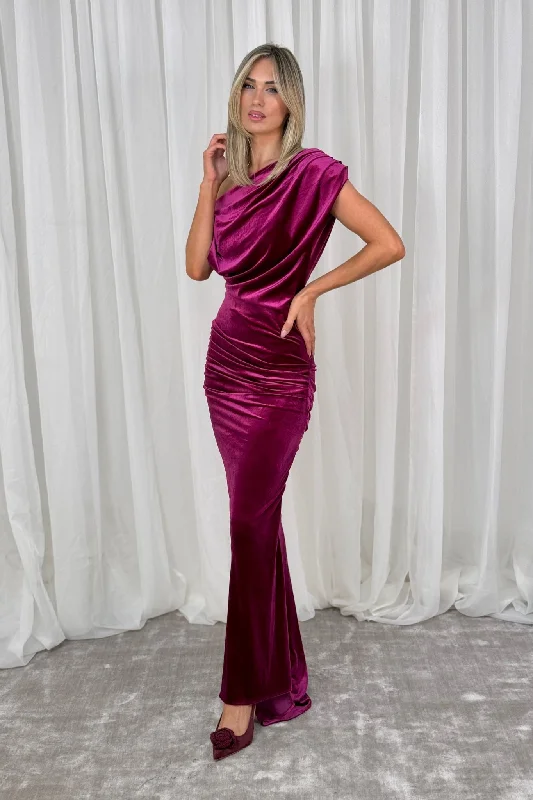 elegant maxi dresses for dates -Alexandra Velvet Bardot Dress In Magenta