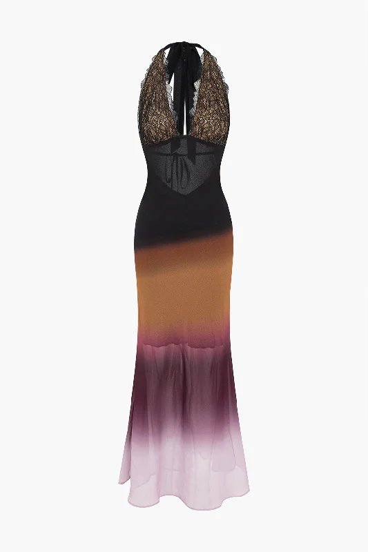 simple maxi dresses for comfort -Ombre Print Mesh Backless Lace Sleeveless Maxi Dress