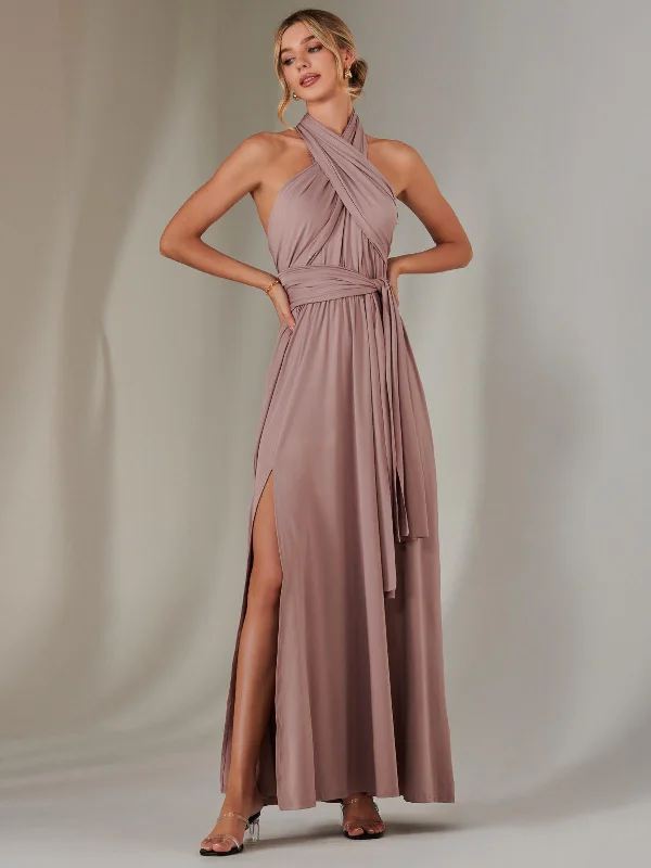 maxi dresses with unique colors -Halter Neck Maxi Bridesmaid Dress, Dusty Pink