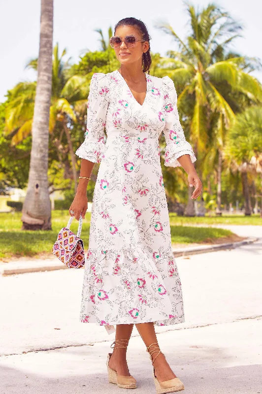 white maxi dresses for beaches -Victoria Cotton Sateen V-Neck Printed Dress | Waterlily Pink/White