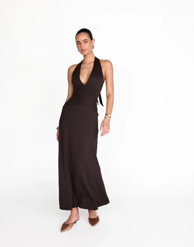 boho maxi dresses for dates -Araminta Maxi Dress (Chocolate)