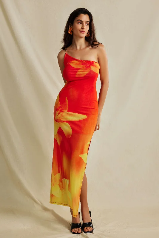 chic maxi dresses for summer -Lily Print Asymmetric One Shoulder Maxi Dress