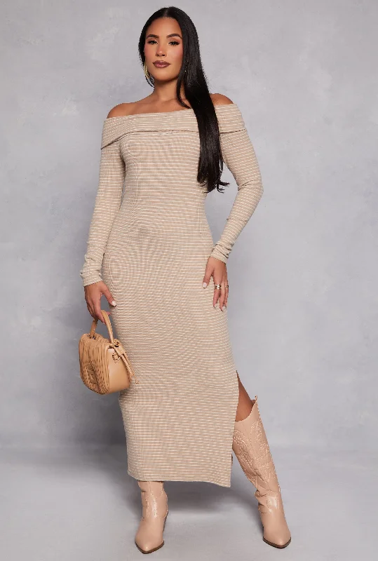 cute maxi dresses for summer -Almost Famous Striped Off the Shoulder Maxi Dress