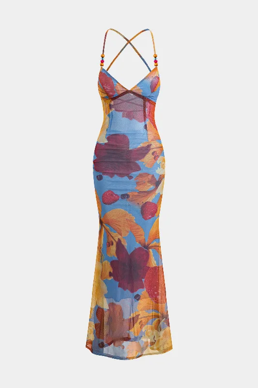 elegant maxi dresses for spring -Tropical Floral Print Mesh Backless Maxi Dress