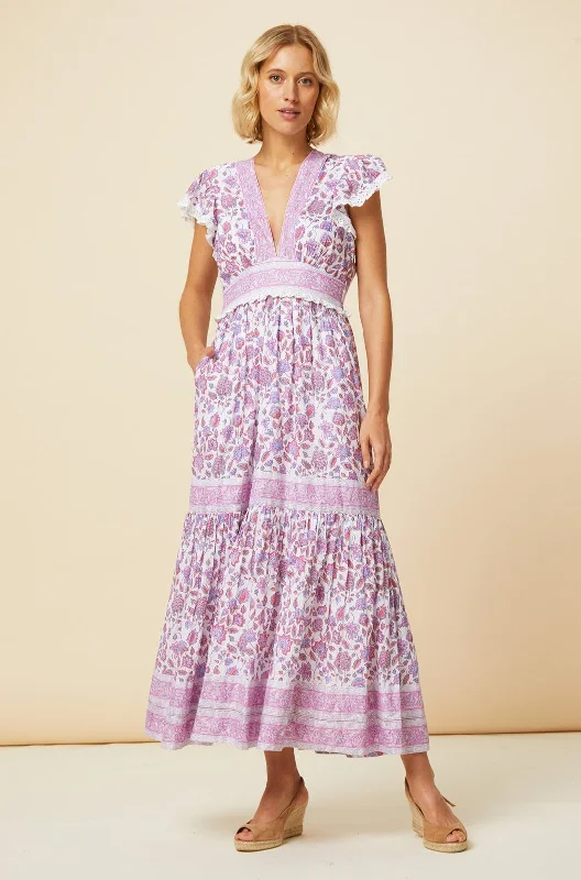 boho maxi dresses for teens -Pippa Block Print Dress | Pink/White