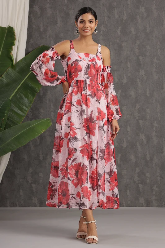 maxi dresses with bold designs -Juniper Light Pink Floral Printed Chiffon Maxi Dress With Adjustable Straps & Cold Shoulder