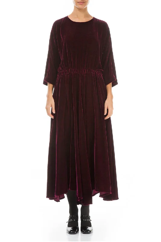 maxi dresses with unique trim -Flowy Magenta Silk Velvet Maxi Dress