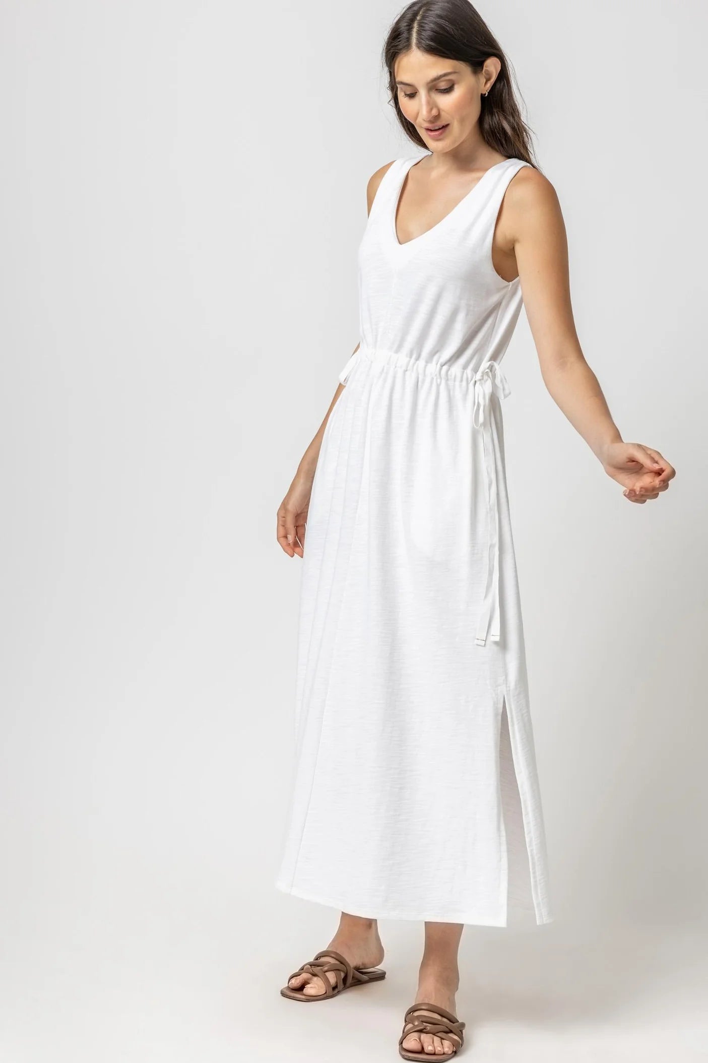 orange maxi dresses for sunshine -Drawcord Waist Maxi Dress in White