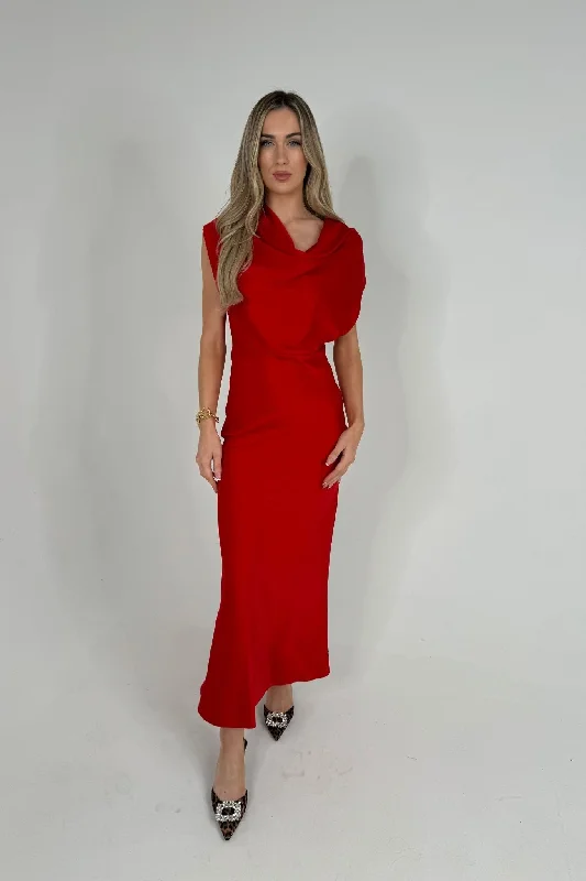 affordable maxi dresses under $45 -Caitlyn Satin Maxi Dress In Red