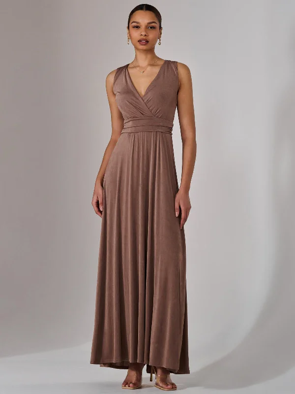 trendy maxi dresses for fall -Ella Wrap Bodice Jersey Maxi Dress, Taupe