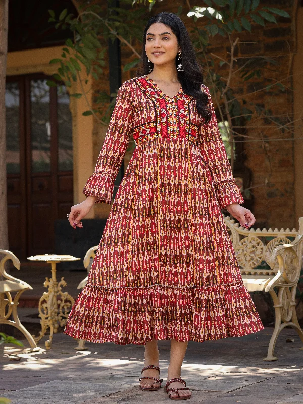 maxi dresses with floral trim -Maroon Ikat Printed Cotton Maxi Dress with Embroidered Neckline