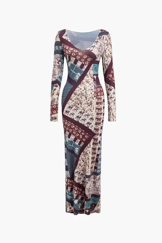 maxi dresses with chic sleeves -Abstract Patchwork Printed Long Sleeve Maxi Dress