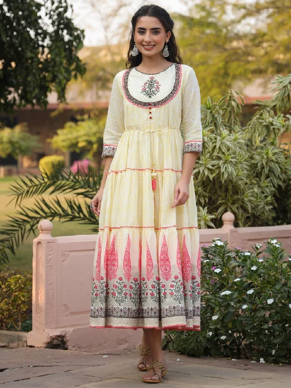 elegant maxi dresses for summer -Juniper  Yellow Ethnic Motif Printed Cotton Voile Maxi Dress With Thread Embroidery