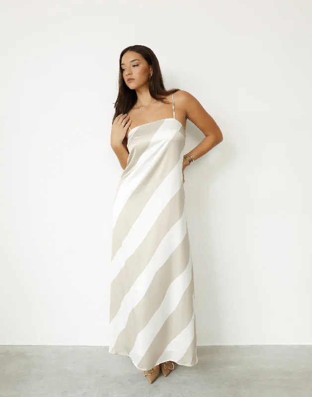 white maxi dresses for women -Kacey Maxi Dress (Beige Stripe)