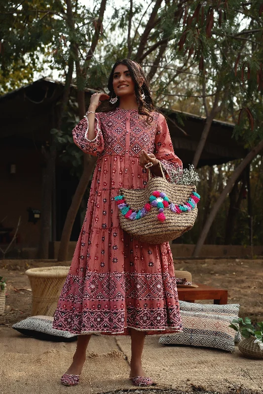 maxi dresses with bold sleeves -Juniper Peach Geometric Printed Pure Cotton Tiered Maxi Dress.