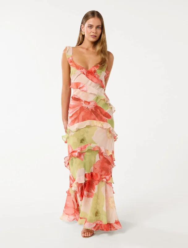 casual maxi dresses for style -Isla Ruffle Asym Maxi Dress