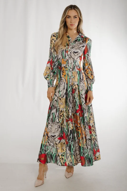 boho maxi dresses with fringes -Holly Tiger Print Maxi Dress In Multi