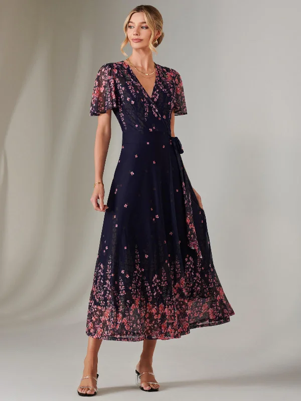 boho maxi dresses for style -Mirror Print Mesh Wrap Maxi Dress, Navy Floral