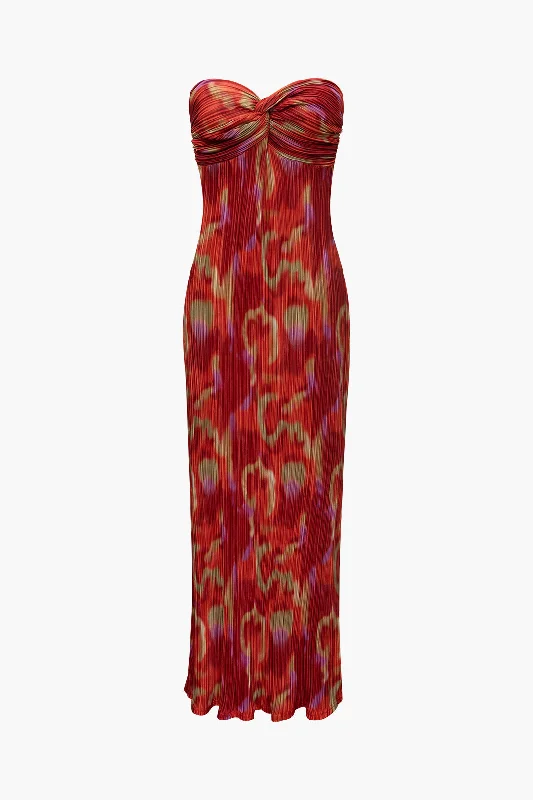 chic maxi dresses for kids -Abstract Print Plisse Strapless Maxi Dress