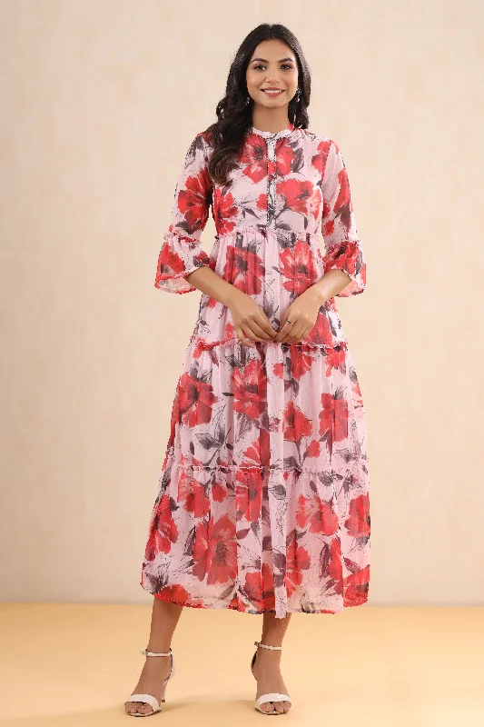 chic maxi dresses for women -Juniper Pink Floral Printed Chiffon Maxi Dress With Buttons & Beads