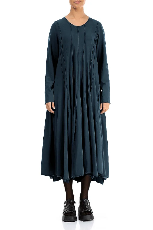 maxi dresses with chic frills -Pleated Flared Maxi Midnight Blue Cotton Dress