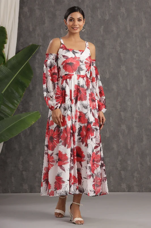 cute maxi dresses for women -Juniper White Floral Printed Chiffon Maxi Dress With Adjustable Straps & Cold Shoulder