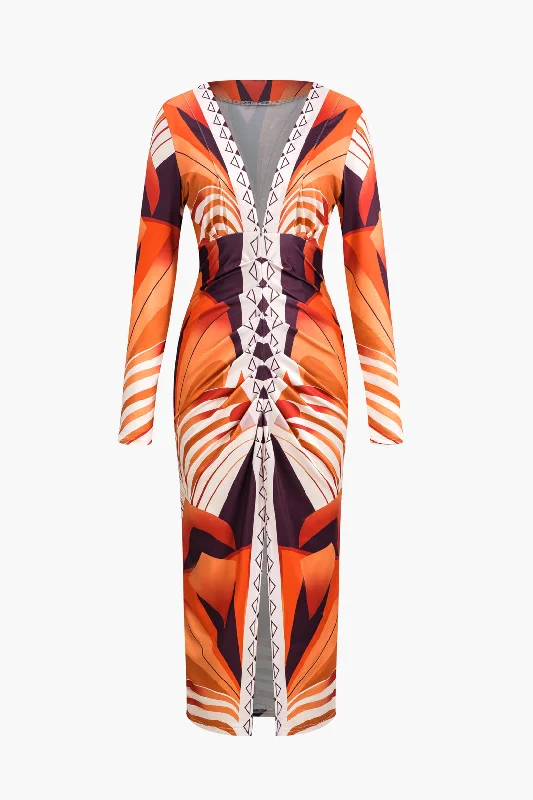 chic maxi dresses for women -Bohemian Print V-Neck Long Sleeve Maxi Dress