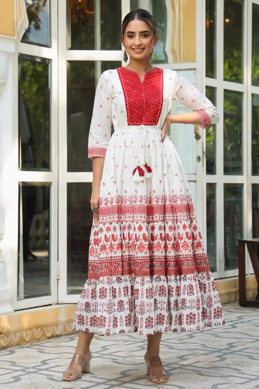 maxi dresses with chic frills -Juniper Maroon Ethnic Motif Printed Pure Cotton Tiered Maxi Dress With Sequins & Thread Work Embroidery