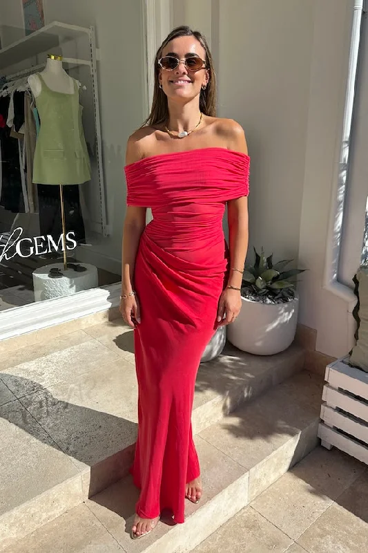 trendy maxi dresses for style -Nico Off Shoulder Maxi Dress Watermelon