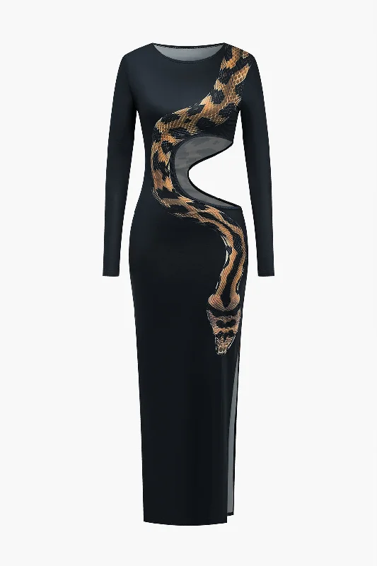 casual maxi dresses for dates -Snake Print Cut Out Long Sleeve Slit Maxi Dress