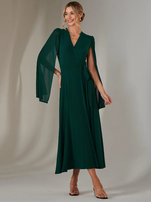 cute maxi dresses for summer -Amira Cape Sleeve Wrapped Maxi Dress, Dark Green