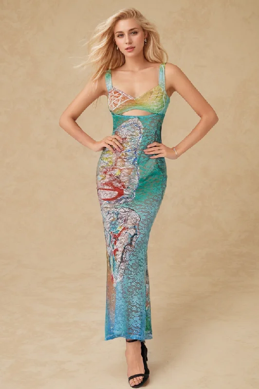 velvet maxi dresses for winter -Butterfly Print Cut Out Mesh Strap Maxi Dress