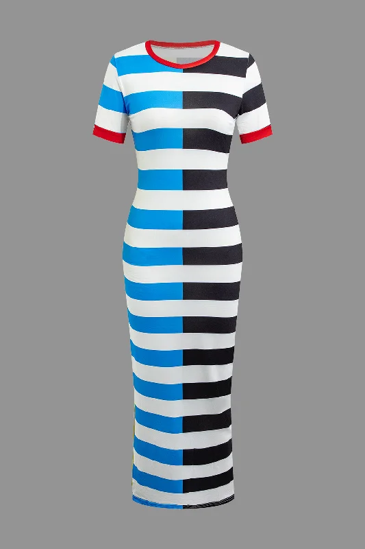 boho maxi dresses for women -Contrast Striped Maxi Dress