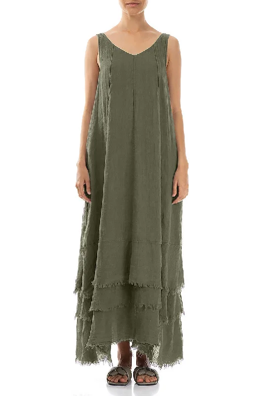 boho maxi dresses for style -Maxi Olive Gauze Linen Dress