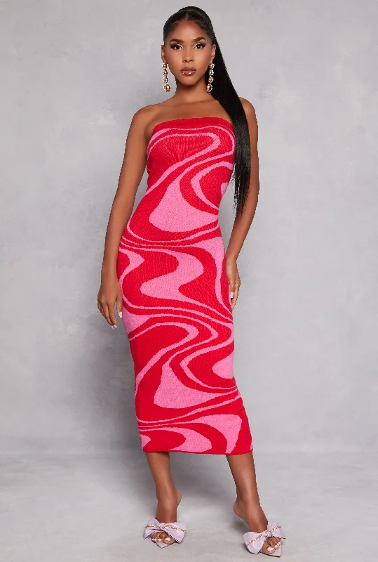 elegant maxi dresses for prom -Swirl Print Tube Sweater Dress