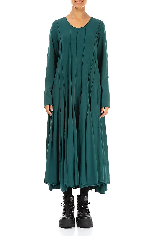 boho maxi dresses for teens -Pleated Flared Maxi Emerald Cotton Dress