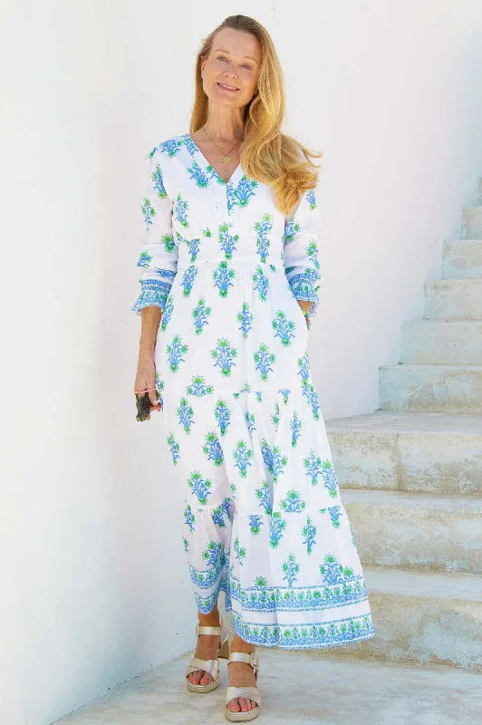 casual maxi dresses for style -Billie Block Print Long Sleeve Dress | Blue/Green