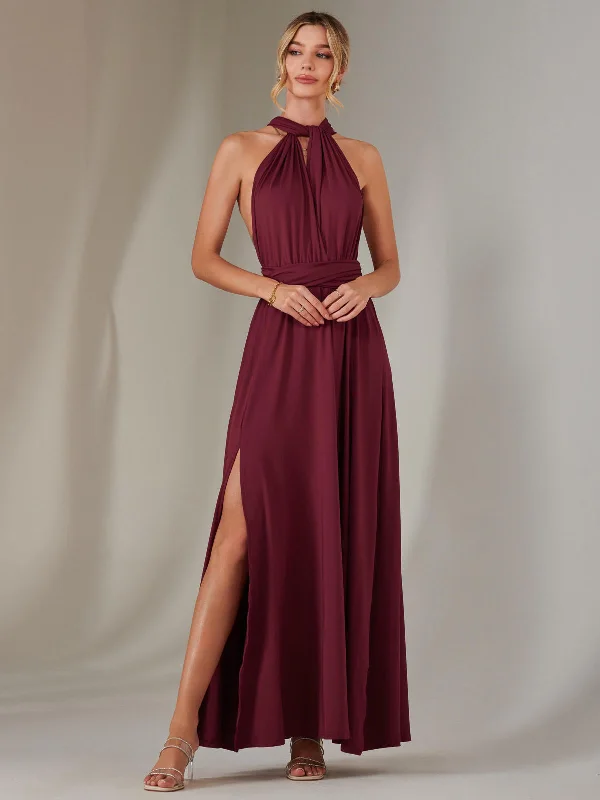 black maxi dresses for teens -Halter Neck Maxi Bridesmaid Dress, Burgundy