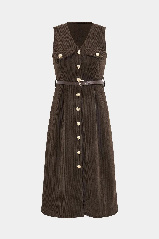 maxi dresses with bold frills -Button V-Neck Belted Long Sleeve Corduroy Maxi Dress