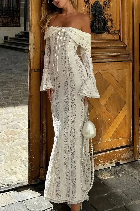 maxi dresses with unique trim -Lace Long Sleeve Strapless Maxi Dress